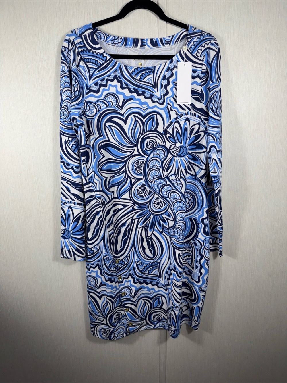 NWT Lilly Pulitzer L Maddox Dress Gold Button Detail Knee long sleeve